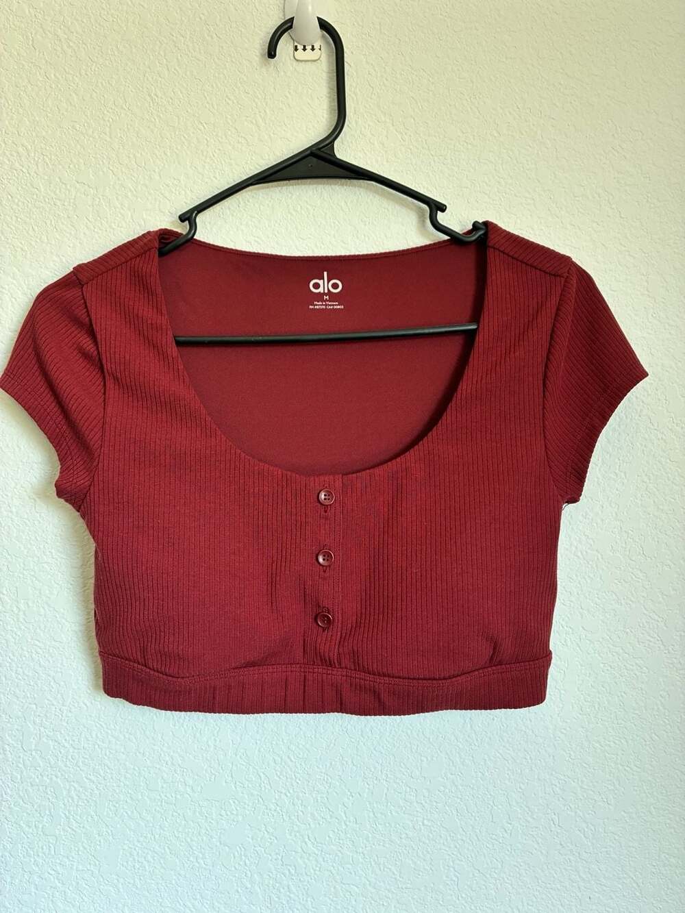 Alo Yoga Blissful Henley Bra Top Ribbed Athletic Crop Tee in Cranberry